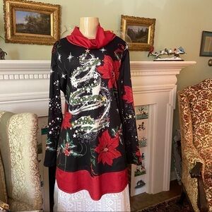 Xmas in July? Why not?  Seasonal tunic top has cowl neck, red trim and a tree.